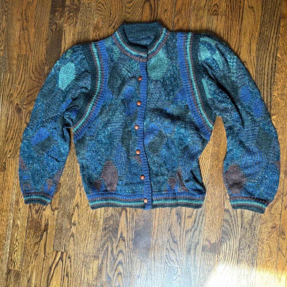Vintage Bogner Wool Mohair Blend Geometric Knit Button Cardigan EU 40 grandpa